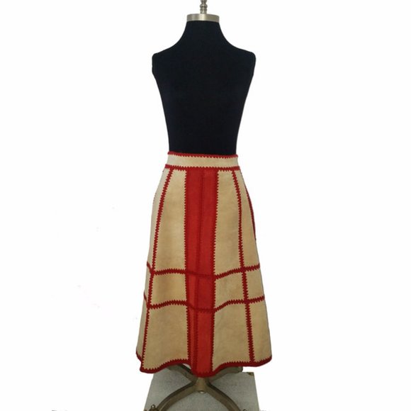 Vtg 70s Two Tone Suede Leather Patchwork Skirt Vest Set 5/6 - Picture 6 of 11